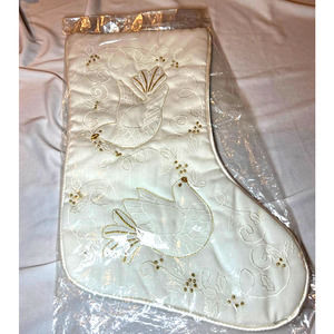 Vtg Lord & Taylor White Dove with Gold Embroidered Christmas Stocking